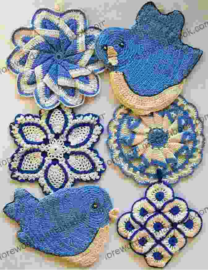 A Collection Of Crochet Pattern Vintage Blues Potholders Pb056 Displayed In Various Settings, Showcasing Their Enduring Popularity. Crochet Pattern Vintage Blues Potholders PB056 R