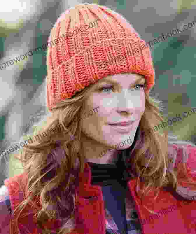 A Woman Wearing A Knitted Le Weekend Hat In A Stylish Gray Yarn, Showcasing Its Ribbed Brim And Textured Crown. Knitting Pattern Le Weekend Hat Beret Beanie And Brooch Corsage